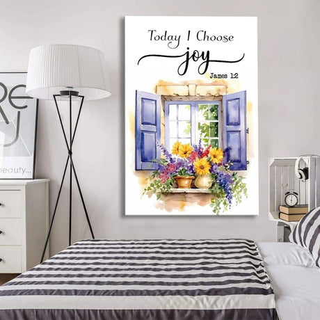 Watercolor cottagecore window with "Today I Choose Joy" on wall art canvas, perfect for Christian gifts.
