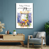 "Today I Choose Joy" wall art canvas with watercolor cottagecore window, ideal Christian home decor.