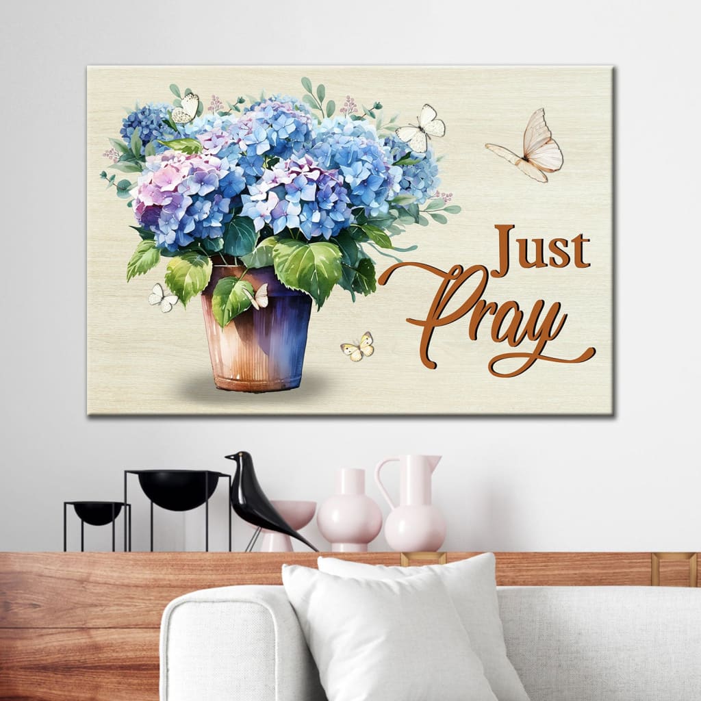 Just Pray Hydrangea and Butterflies Wall Art Canvas