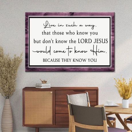 Christian quote canvas wall art, inspirational faith-based sign with Bible message about living for Jesus. Purple / 12’’ x 8’’