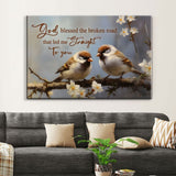 Christian wall art canvas print featuring "God Blessed the Broken Road" with a sparrow couple, perfect faith-based home decor.