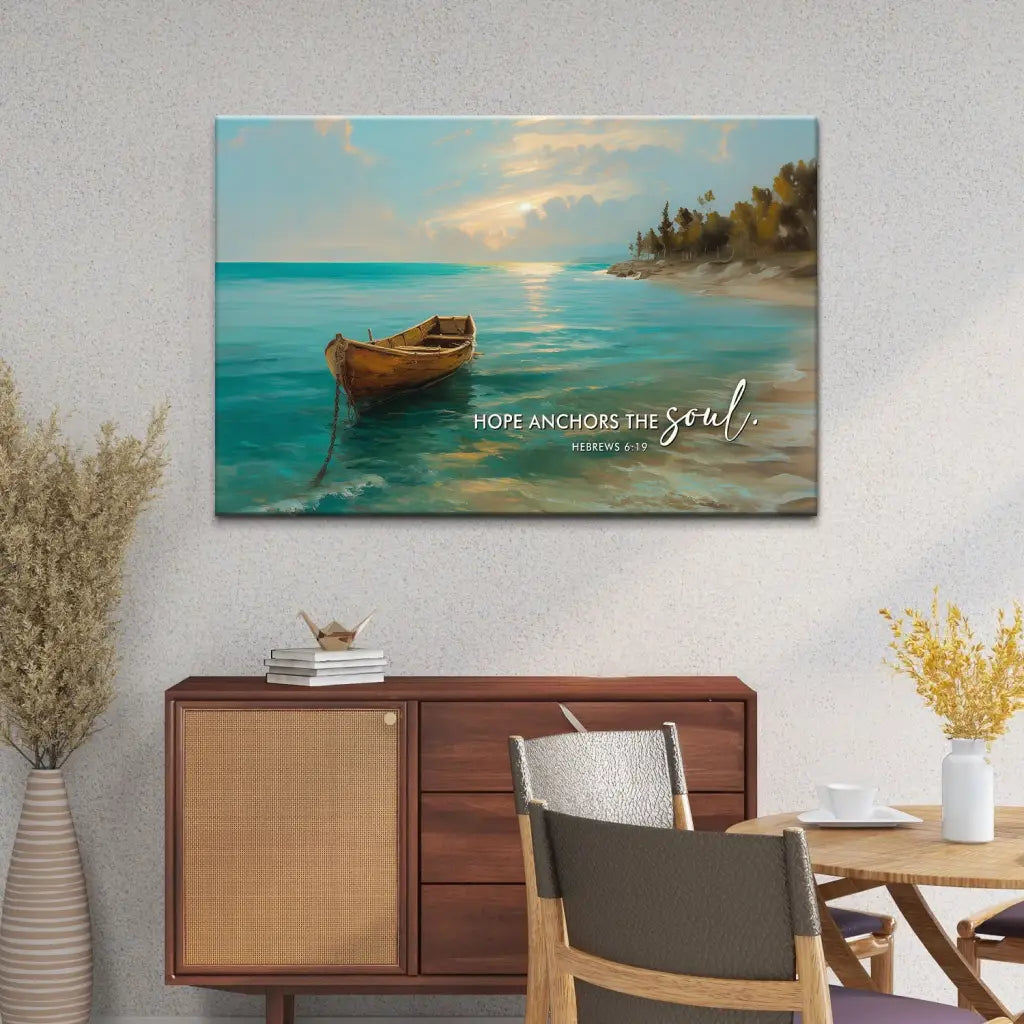 Inspirational canvas print with boat and ocean scene from Hebrews 6:19.