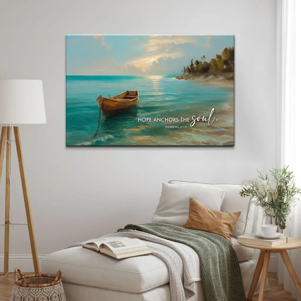 Faith-based wall art portraying still waters and a sailboat—symbol of peace and trust.