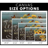 Christian wall decor canvas with a vibrant pot of sunflowers and butterflies, highlighting the comforting words "It is Well With My Soul," / size options.