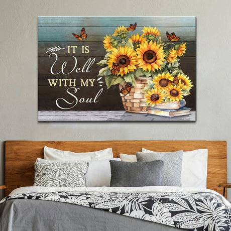Christian wall art showcasing a pot of bright sunflowers and butterflies, inscribed with "It is Well With My Soul," ideal for thoughtful gifts.
