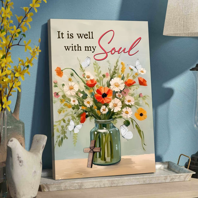 "It is Well With My Soul" wall art canvas with flowers in a jar, perfect for Christian home decor.