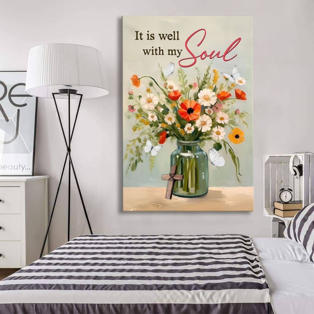 Christian wall art featuring "It is Well With My Soul" with a flower jar design, ideal for inspiration.