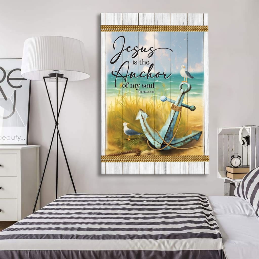 Bible verse wall art showcasing "Jesus is the Anchor of My Soul" from Hebrews 6:19, paired with a serene beach anchor scene, ideal for Christian homes.
