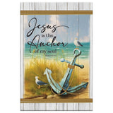 Scripture Wall Art displaying "Jesus is the Anchor of My Soul" Hebrews 6:19, with a beach and anchor design, great religious decor for Christian households.