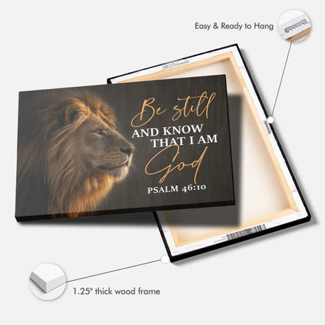 Christian canvas print with Lion of Judah and Bible verse, faith and religion wall art for home.