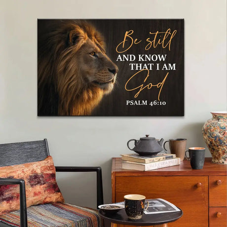 Christian wall art with Lion of Judah, Bible verse canvas print about faith, Jesus, and inspiration.