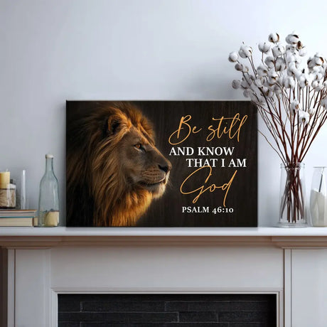 Inspirational scripture canvas with lion, Christian gift about Jesus, faith, and spiritual strength.