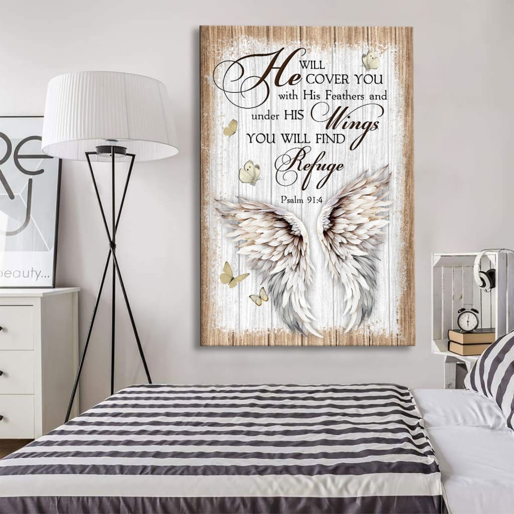 Christian wall art with "Psalm 91:4 He Will Cover You With His Feathers," featuring a wings design.