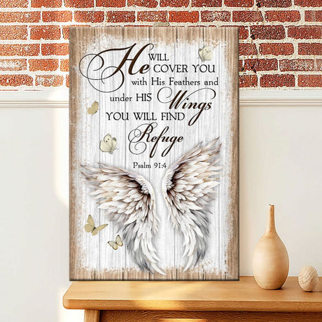 "Psalm 91:4 He Will Cover You With His Feathers" wall art canvas, wings picture, inspiring Christian decor.