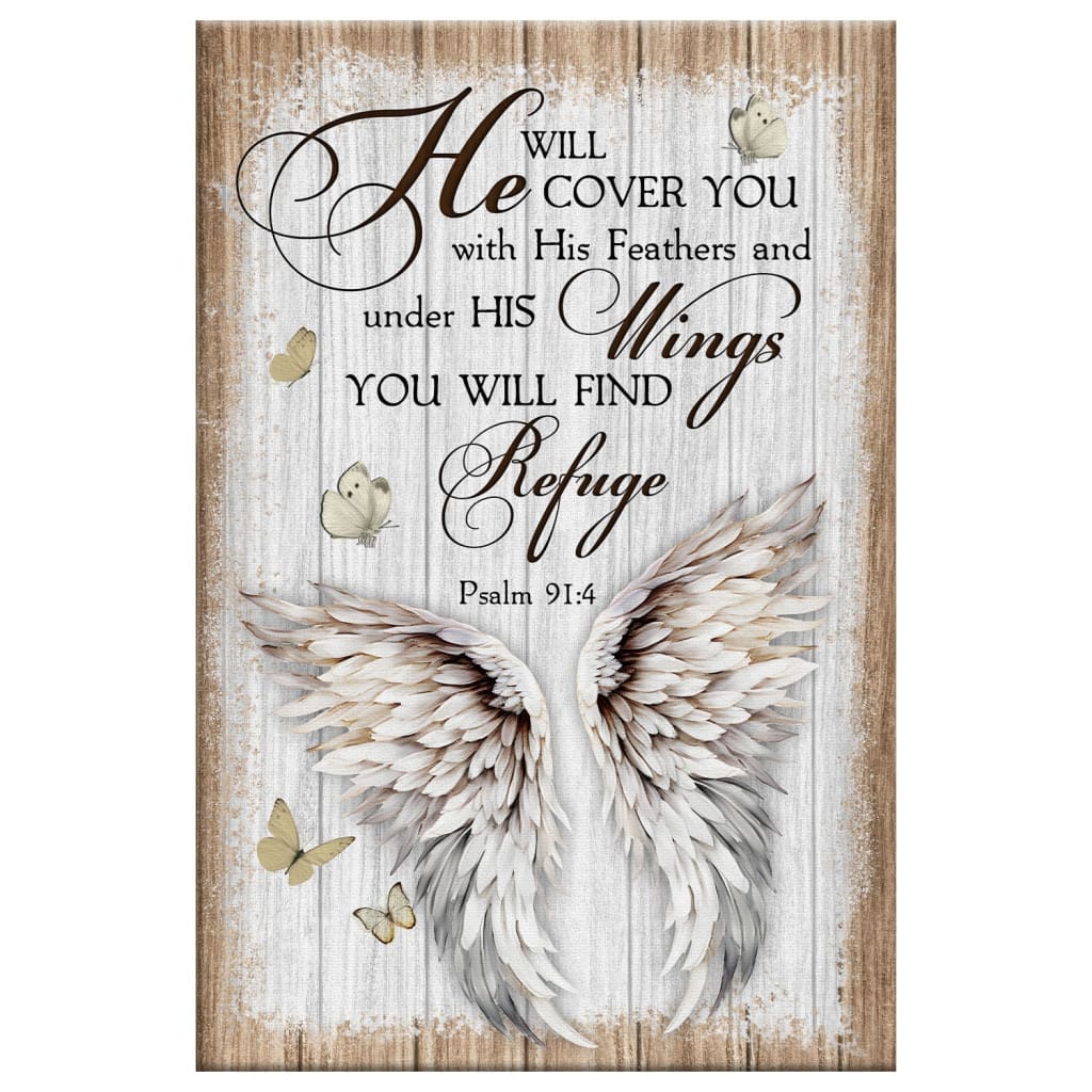 Bible verse wall decor, "Psalm 91:4 He Will Cover You With His Feathers," on a beautiful canvas print.