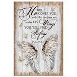 Bible verse wall decor, "Psalm 91:4 He Will Cover You With His Feathers," on a beautiful canvas print.