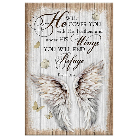 Bible verse wall decor, "Psalm 91:4 He Will Cover You With His Feathers," on a beautiful canvas print.
