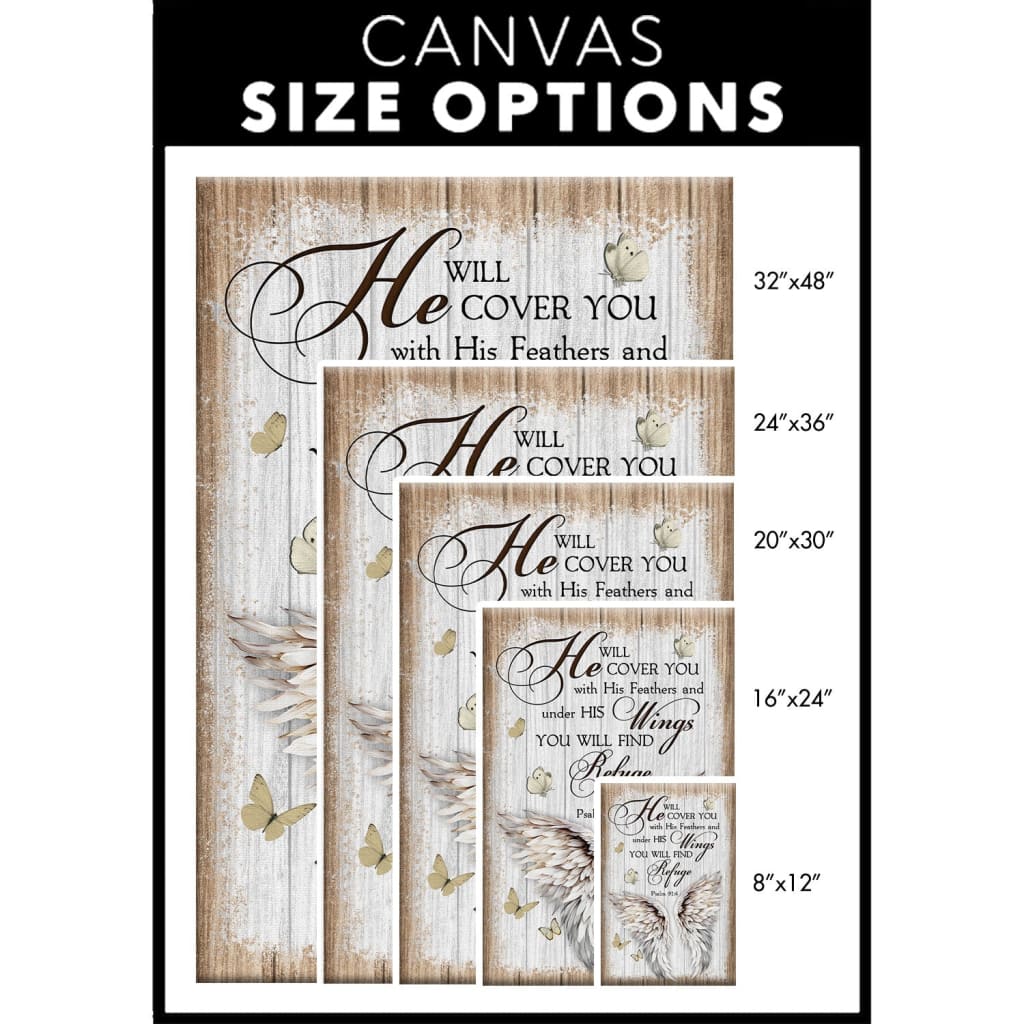 "He Will Cover You With His Feathers" Psalm 91:4 wall art canvas with wings picture, faith-filled home decor / size options.