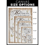 "He Will Cover You With His Feathers" Psalm 91:4 wall art canvas with wings picture, faith-filled home decor / size options.