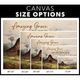 "Amazing Grace How Sweet the Sound" wall art with rustic barn and floral design, ideal for faith-inspired homes / canvas size options.