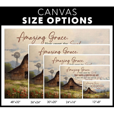 "Amazing Grace How Sweet the Sound" wall art with rustic barn and floral design, ideal for faith-inspired homes / canvas size options.