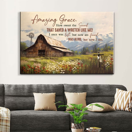 Amazing Grace How Sweet the Sound Old Barn With Flowers Wall Art Canvas