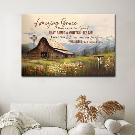 Christian wall art canvas with "Amazing Grace How Sweet the Sound," featuring an old barn and flowers, perfect for Christian decor.