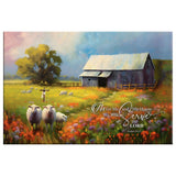 Inspirational canvas print with Joshua 24:15, sheep, and old barn, "As For Me and My House," ideal Christian home decor.