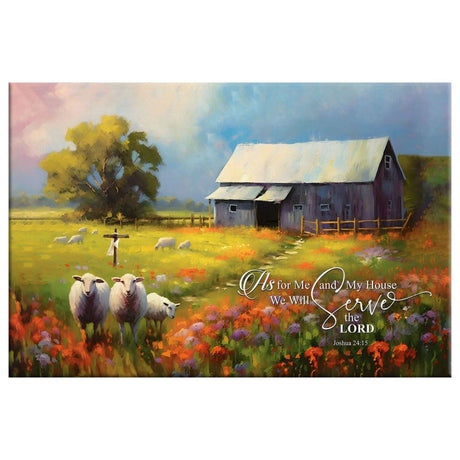 Inspirational canvas print with Joshua 24:15, sheep, and old barn, "As For Me and My House," ideal Christian home decor.