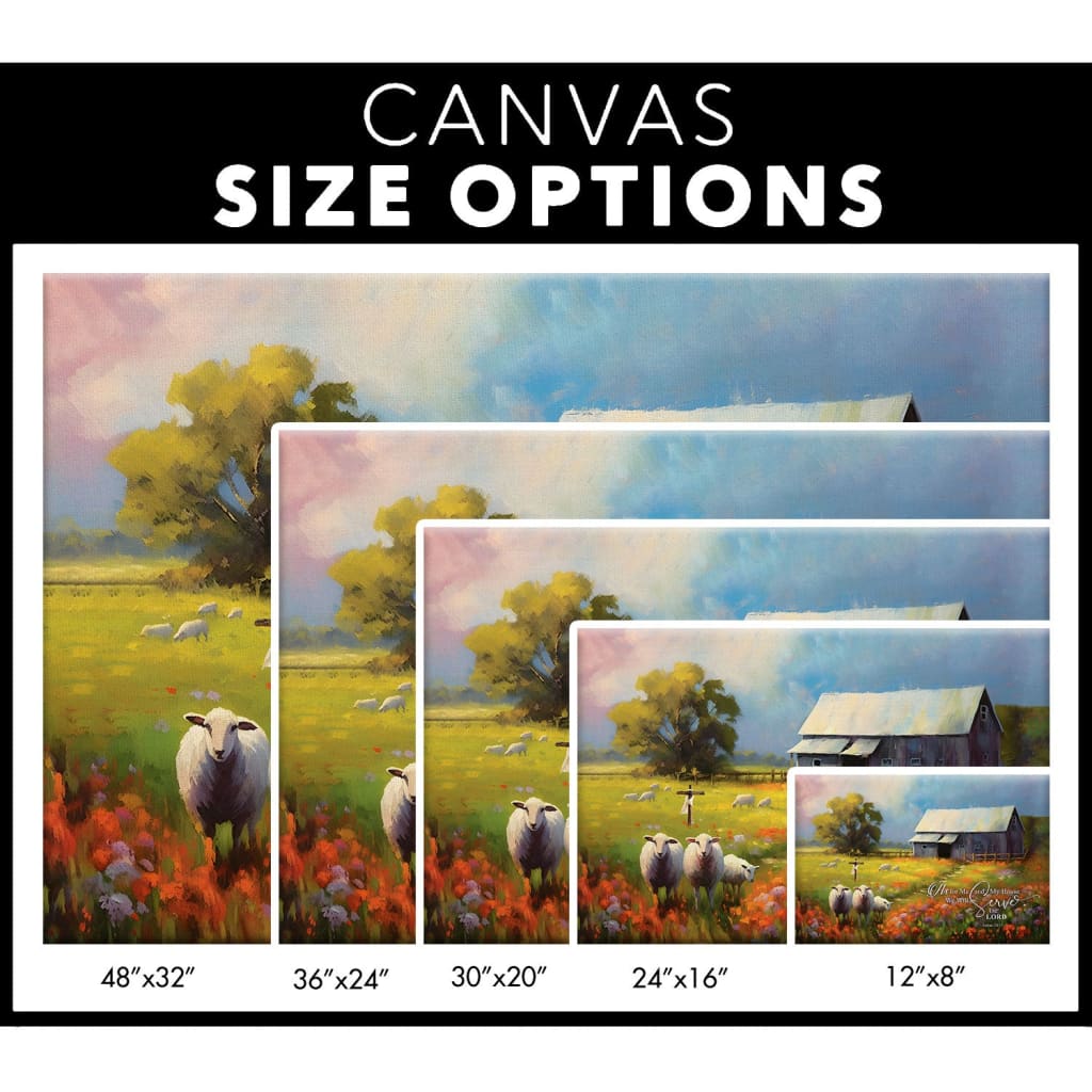 Faith-based wall art with Joshua 24:15 Bible verse, sheep, and old barn, great religious decor for Christian homes - Size options