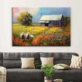 Christian wall art featuring Joshua 24:15, "As For Me and My House," with sheep and old barn, perfect faith-based decor.