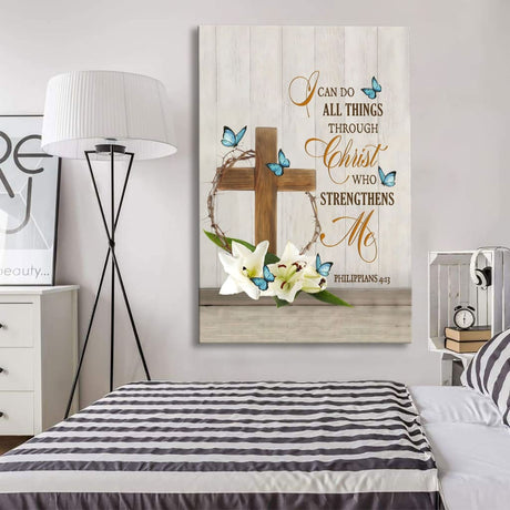 Inspirational canvas print with "I Can Do All Things Through Christ," wooden cross, lily flower, and butterflies, ideal Christian gift.
