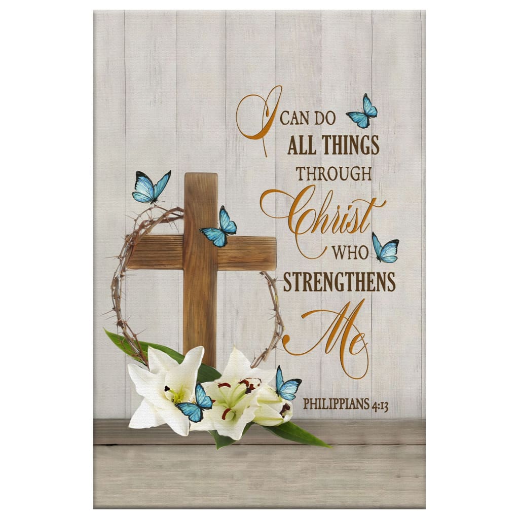 Faith-based wall art with "I Can Do All Things Through Christ," wooden cross, and butterflies, great Christian home decor.