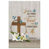 Faith-based wall art with "I Can Do All Things Through Christ," wooden cross, and butterflies, great Christian home decor.