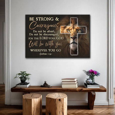 Faith-based wall art with Joshua 1:9, lion behind cross symbolizing Jesus, perfect for strength and comfort.