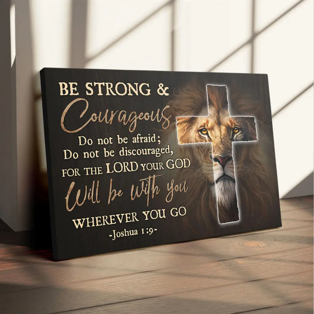 Christian wall art with Lion of Judah and cross, Joshua 1:9 Bible verse, faith-based gift of strength and courage.