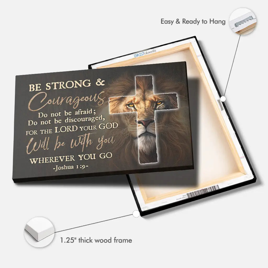 Inspirational Christian décor with lion and cross, Joshua 1:9 scripture wall art for courage and hope.