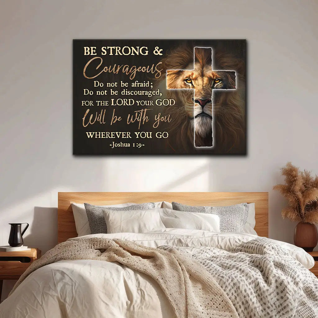 Lion of Judah Christian canvas, Bible verse from Joshua 1:9, powerful gift for kids, parents, or pastors.
