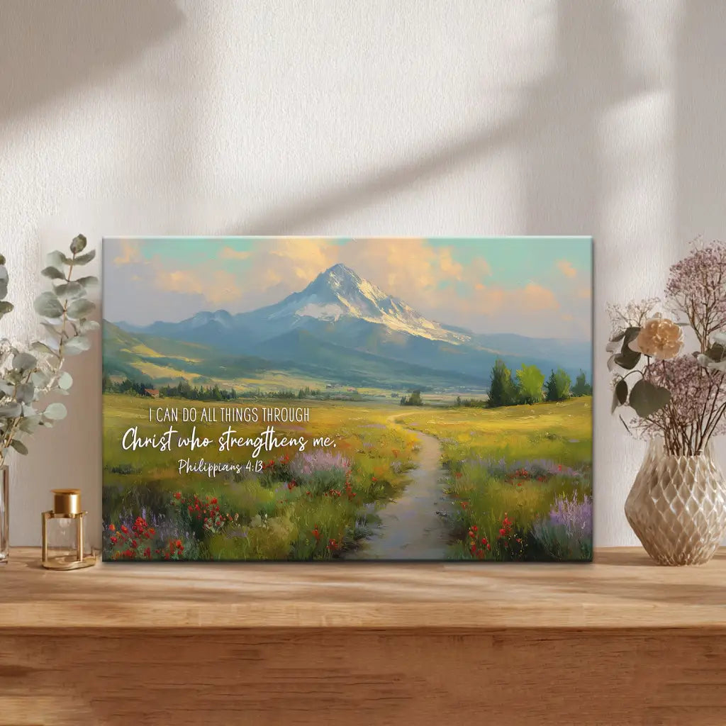 Inspirational Christian wall décor with Philippians 4:13, scenic artwork for peace, faith, and reassurance.