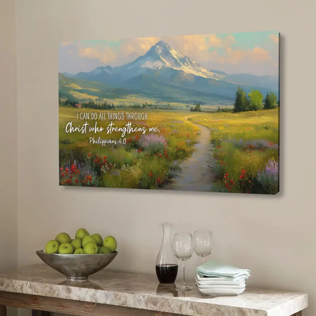 Christian wall art with Philippians 4:13, peaceful path and mountain scene, faith-based gift of strength and hope.