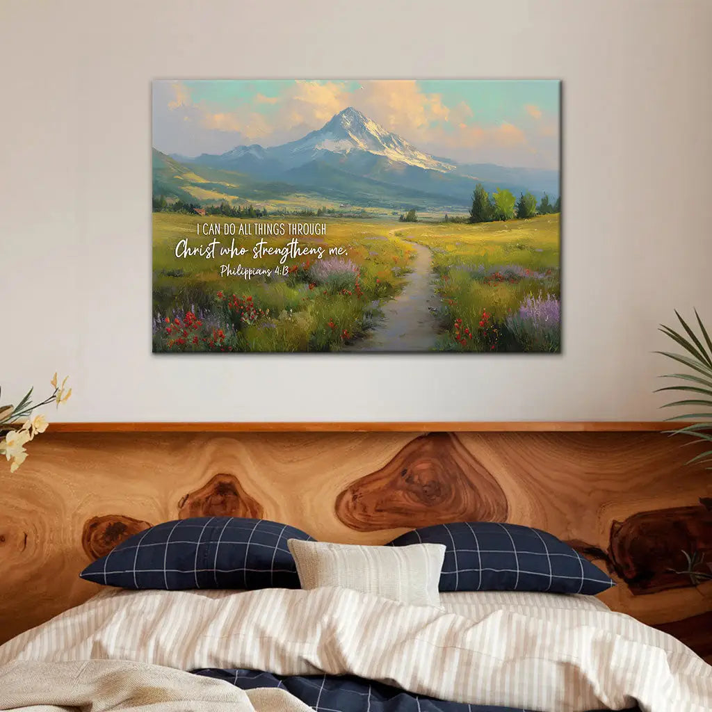 Faith-based mountain path canvas with scripture, Christian gift for parents, weddings, or housewarmings.