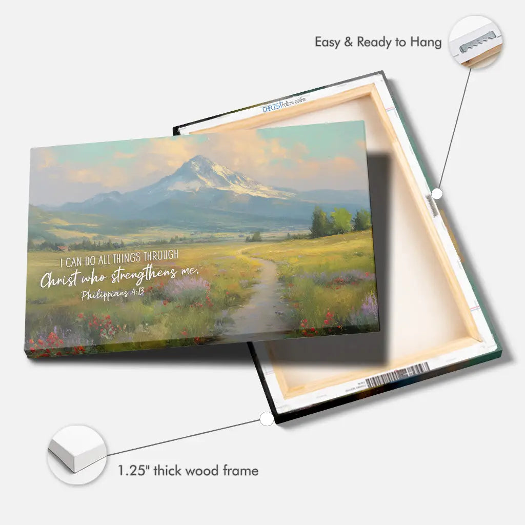 Christian artwork with wildflower path and mountain, Bible verse from Philippians 4:13 for trust and strength.