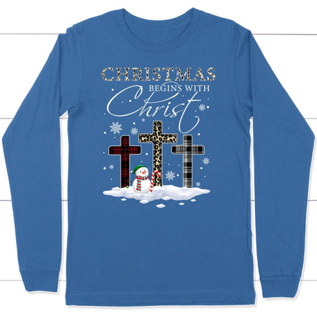 Christmas Begins With Christ Crosses Snowman Christmas Long Sleeve T-shirt True Royal / S