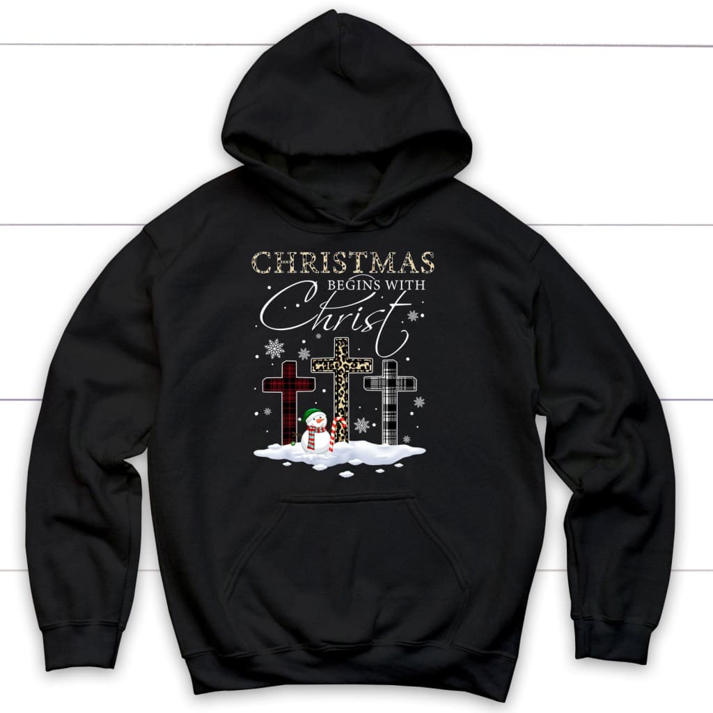 Christmas Begins With Christ Crosses Snowman Christmas Hoodie Black / S