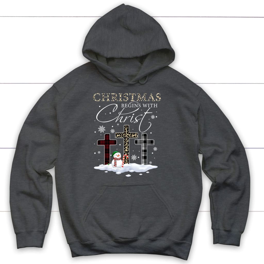 Christmas Begins With Christ Crosses Snowman Christmas Hoodie Dark Heather / S