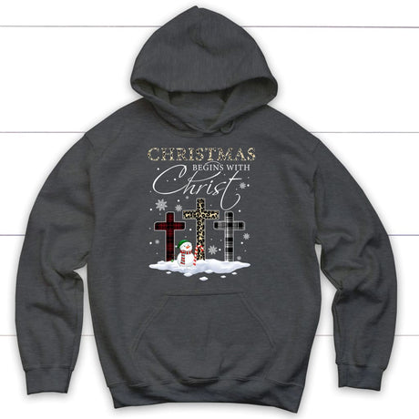 Christmas Begins With Christ Crosses Snowman Christmas Hoodie Dark Heather / S