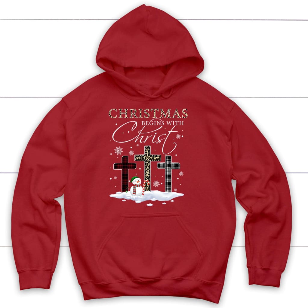 Christmas Begins With Christ Crosses Snowman Christmas Hoodie Red / S