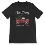 Christmas begins with Christ plaid truck Christian t-shirt Black / S