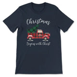 Christmas begins with Christ plaid truck Christian t-shirt Navy / S