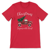Christmas begins with Christ plaid truck Christian t-shirt Red / S